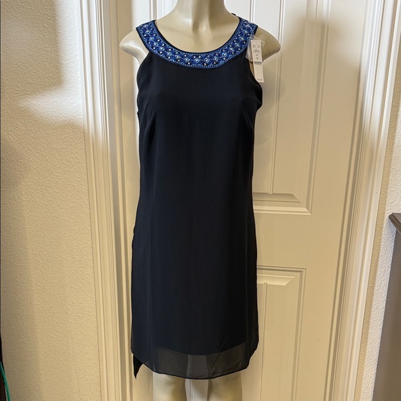 White House Black Market Black Dress with Embellished Blue Neckline White House Black Market Black Dress with Embellished Blue Neckline